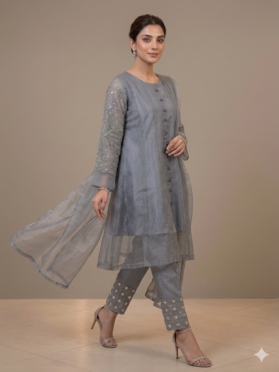 Lf083- 3pc Organza Embroidered Frock With Trouser And Organza Dupatta