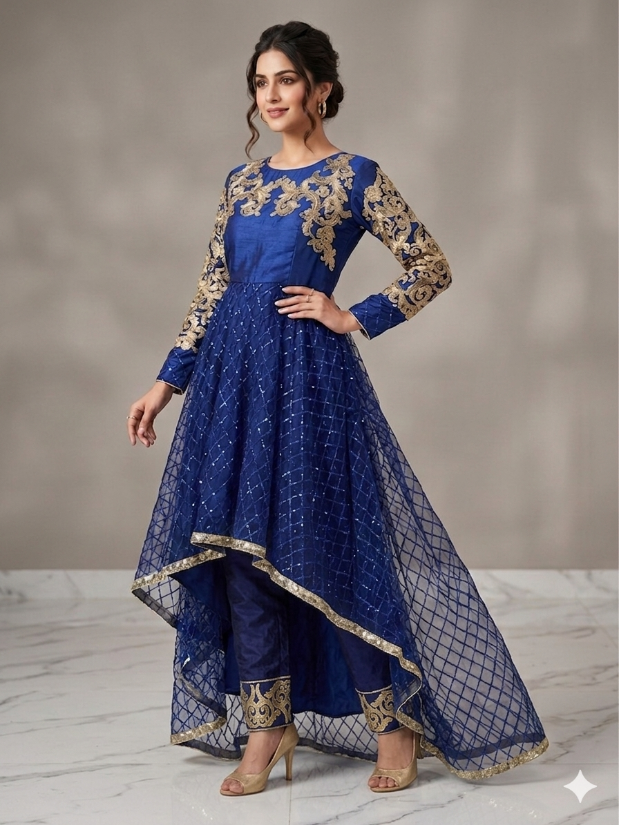 Lf066- 3pc Net Embroidered Tail Frock With Trouser And Embroidered Dupatta