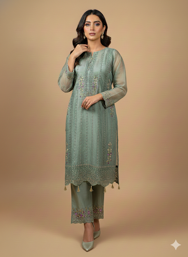 Lf024- 3pc Organza Embroidered Shirt With Trouser And Dupatta