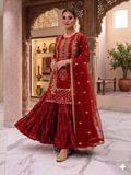 Lf065- 3pc Double Tone Silk Embroidered Shirt With Crush Sharara And Net Dupatta