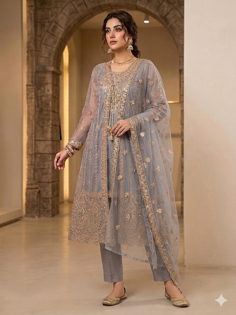 Lf085- 4pc Net Gown Style With Shirt And Trouser And Net Embroidered Dupatta