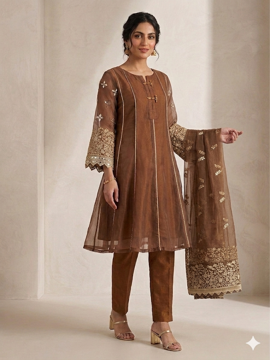 Lf062- 3pc Organza Sleeves Embroidered Frock With Trouser And Embroidered Dupatta