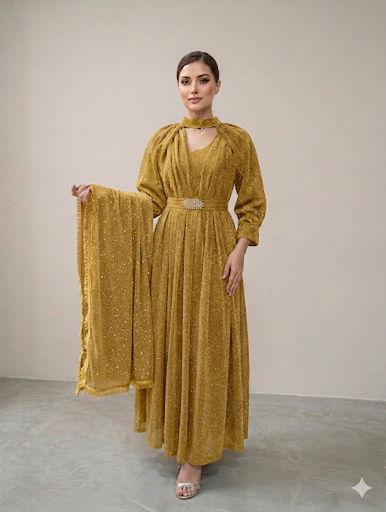Lf047- 3pc Moonlight Maxi With Separate Sleeves Neckline, Motif Belt And Dupatta