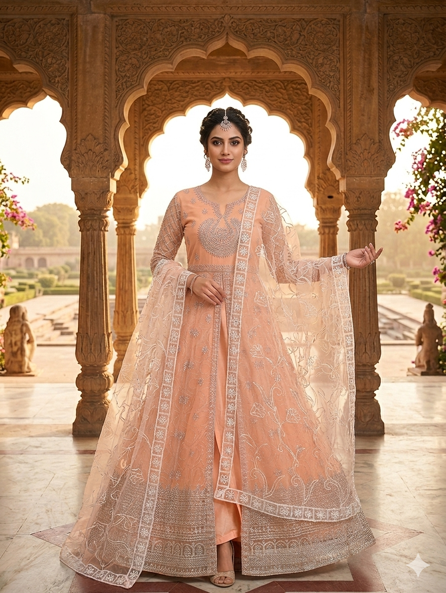 Lf058- 3pc Fancy Gown Style Net Working Maxi With Trouser And Working Dupatta