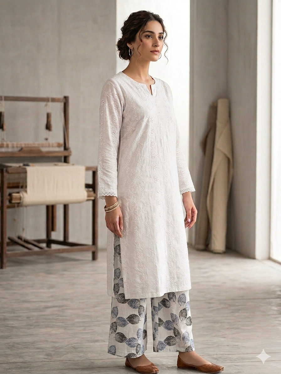 Sw006- Chickenkari Long Shirt With Printed Straight Trouser