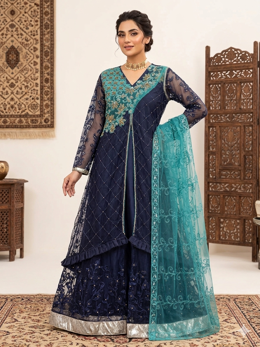 Lf071- 3pc Gown Style Embroidered Net Maxi With Trouser And Embroidered Net Dupatta