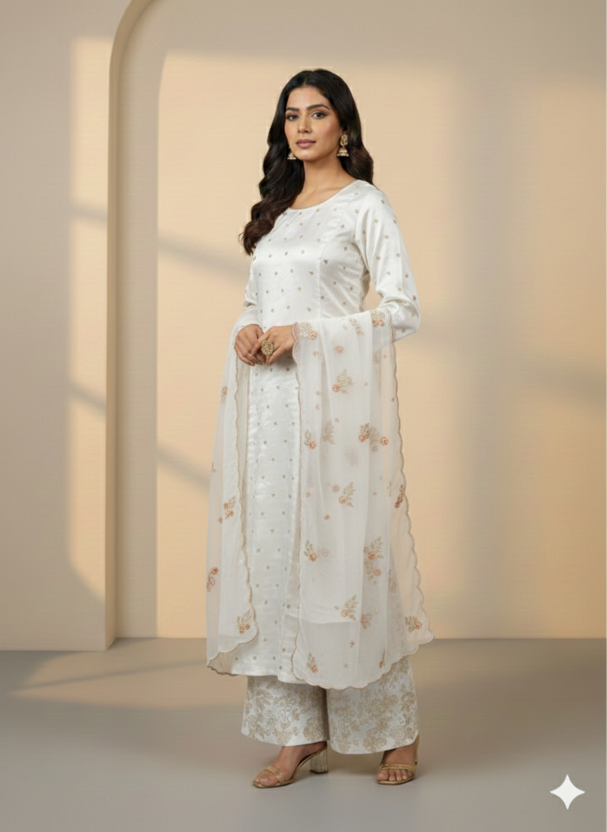 Lf016- 3pc Katan Silk Long Shirt With Straight Trouser And Organza Dupatta