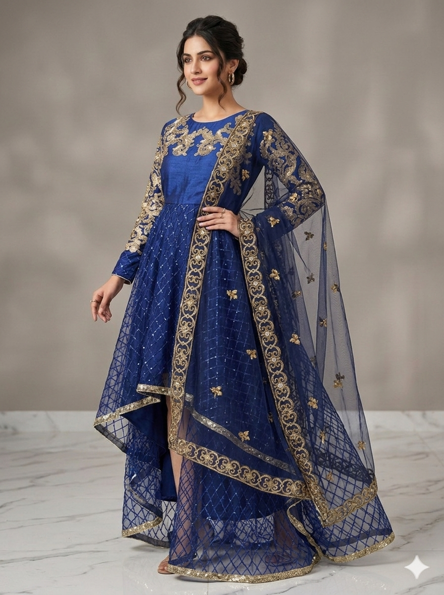 Lf066- 3pc Net Embroidered Tail Frock With Trouser And Embroidered Dupatta