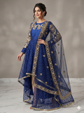 Lf066- 3pc Net Embroidered Tail Frock With Trouser And Embroidered Dupatta