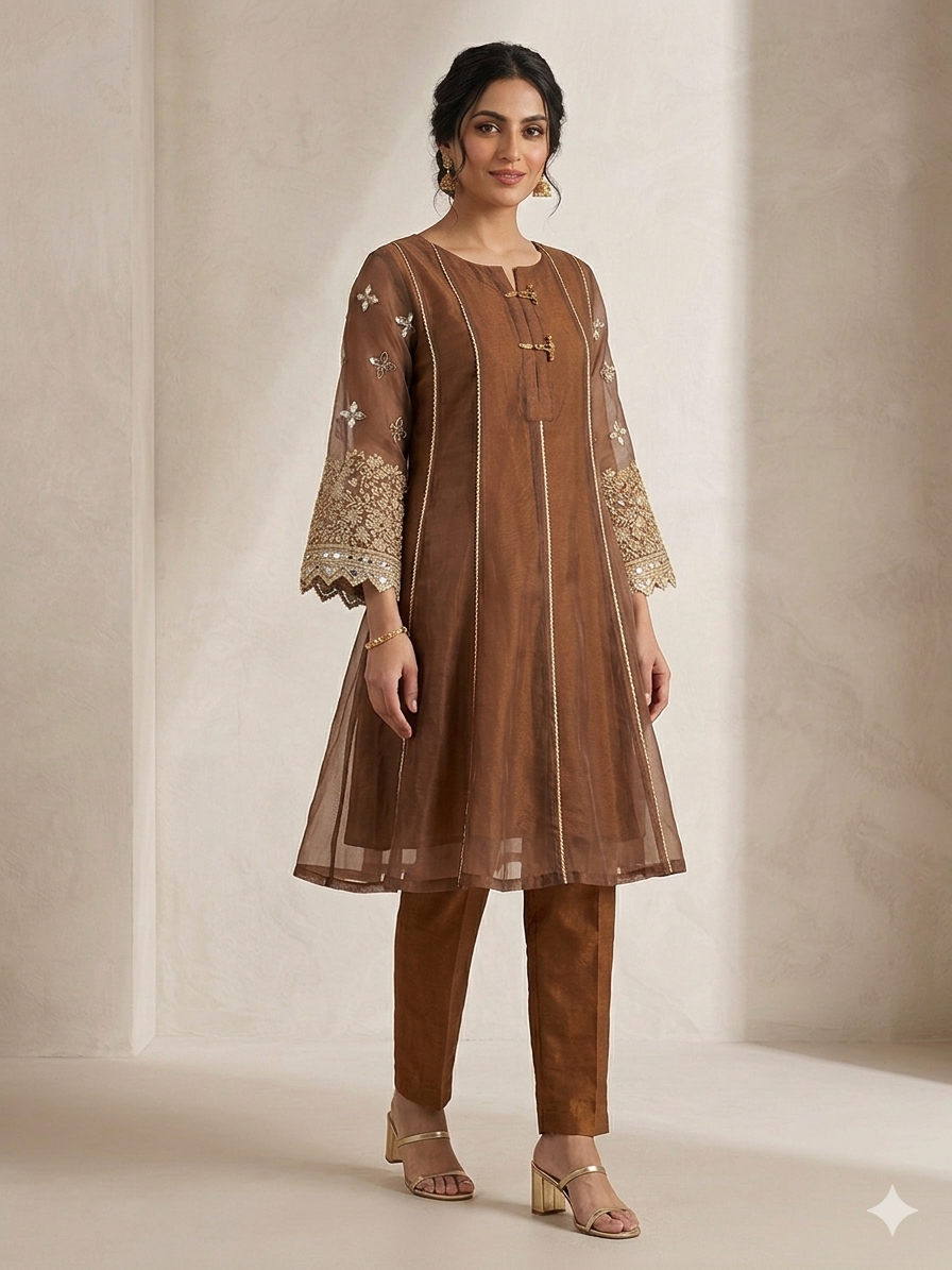 Lf062- 3pc Organza Sleeves Embroidered Frock With Trouser And Embroidered Dupatta