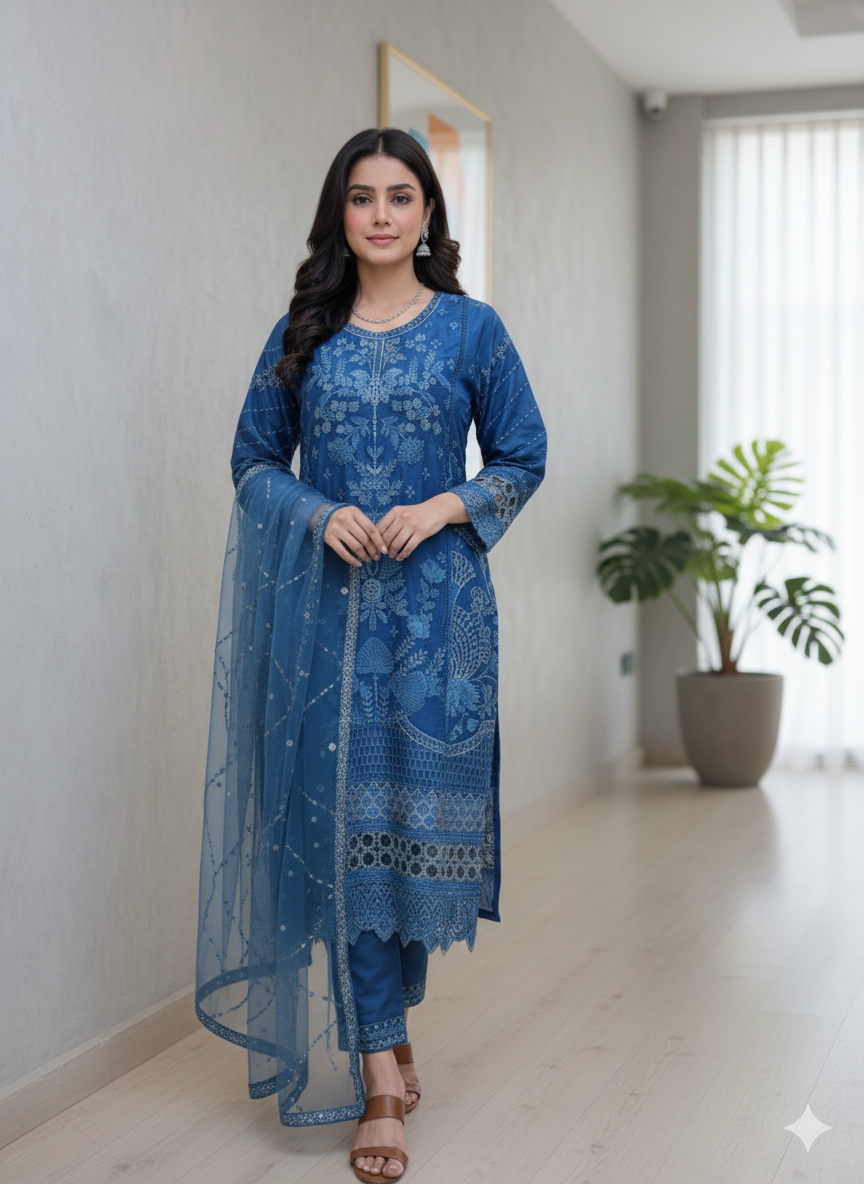 Lf018- 3pc Organza Sequence Embroideded Shirt With Trouser And Dupatta