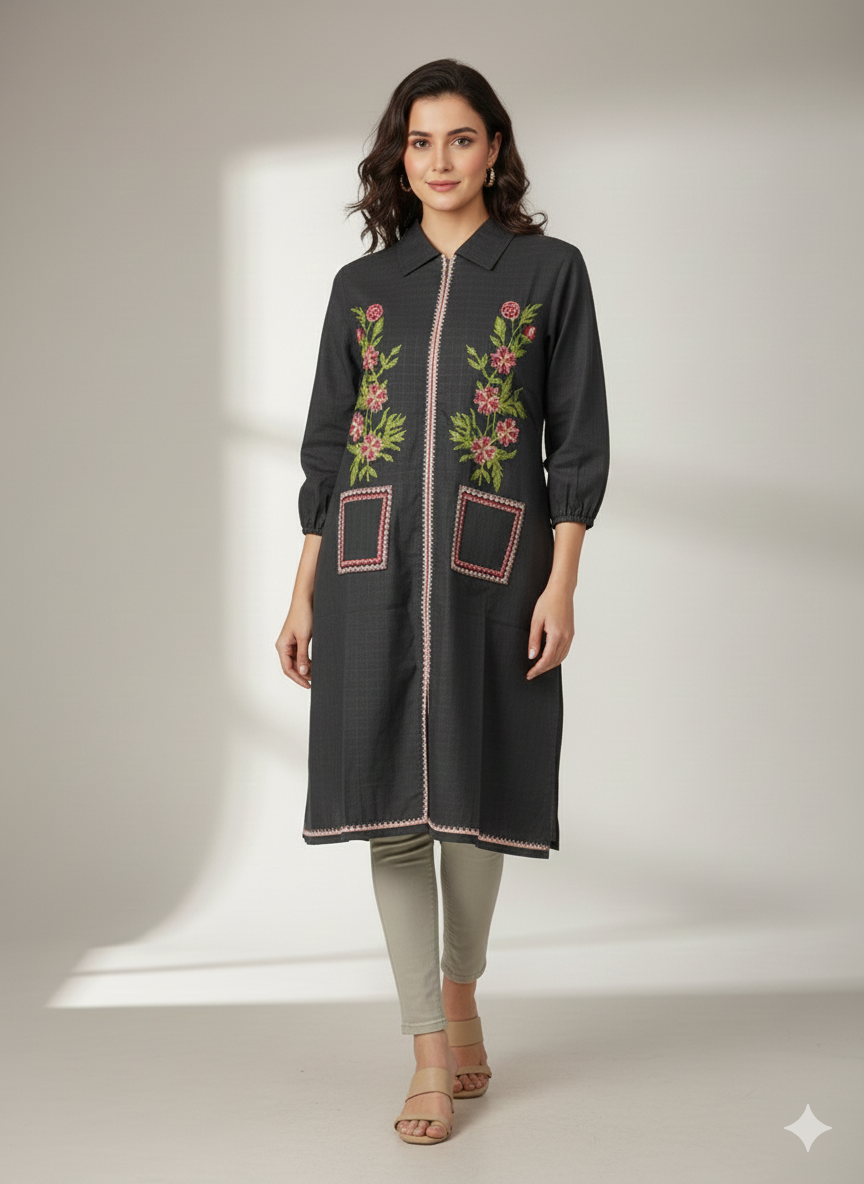 St049- Double Pocket Embroidered Top