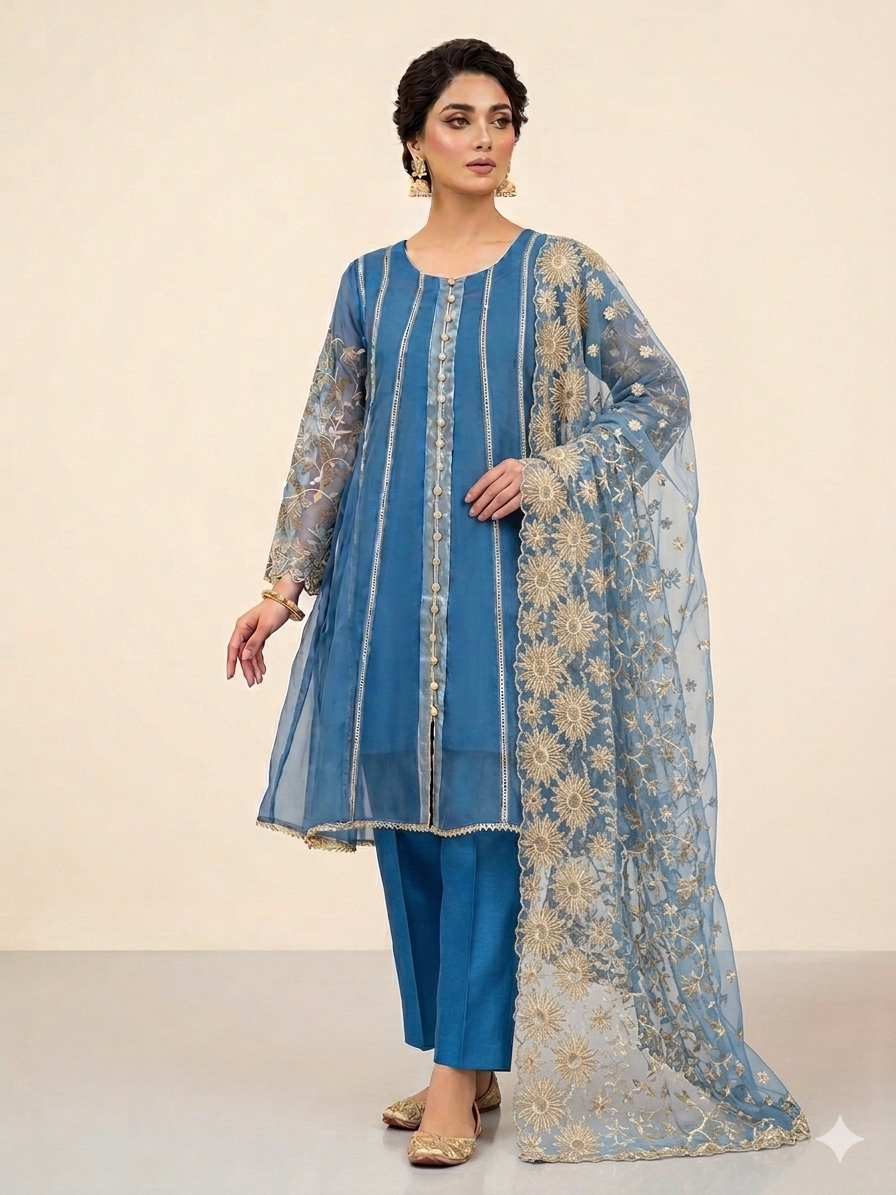 Lf084- 3pc Organza Embroidered Frock With Trouser And Embroidered Dupatta