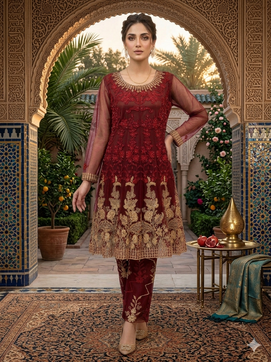 Lf064- 3pc Embroidered Frill Frock With Trouser And Net Dupatta