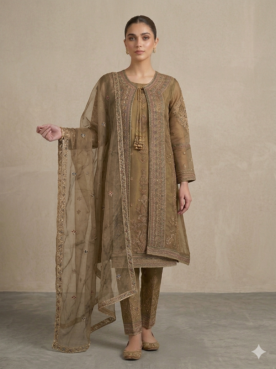 Lf038- 3pc Organza Embroidered GownStyle Frock With Upper Gown And Trouser And Organza Dupatta