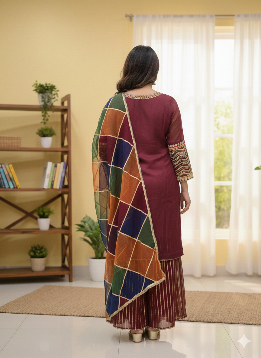 Lf008- 3pc Shafoon Short Shirt With Shafoon Flapper And Multi Dupatta