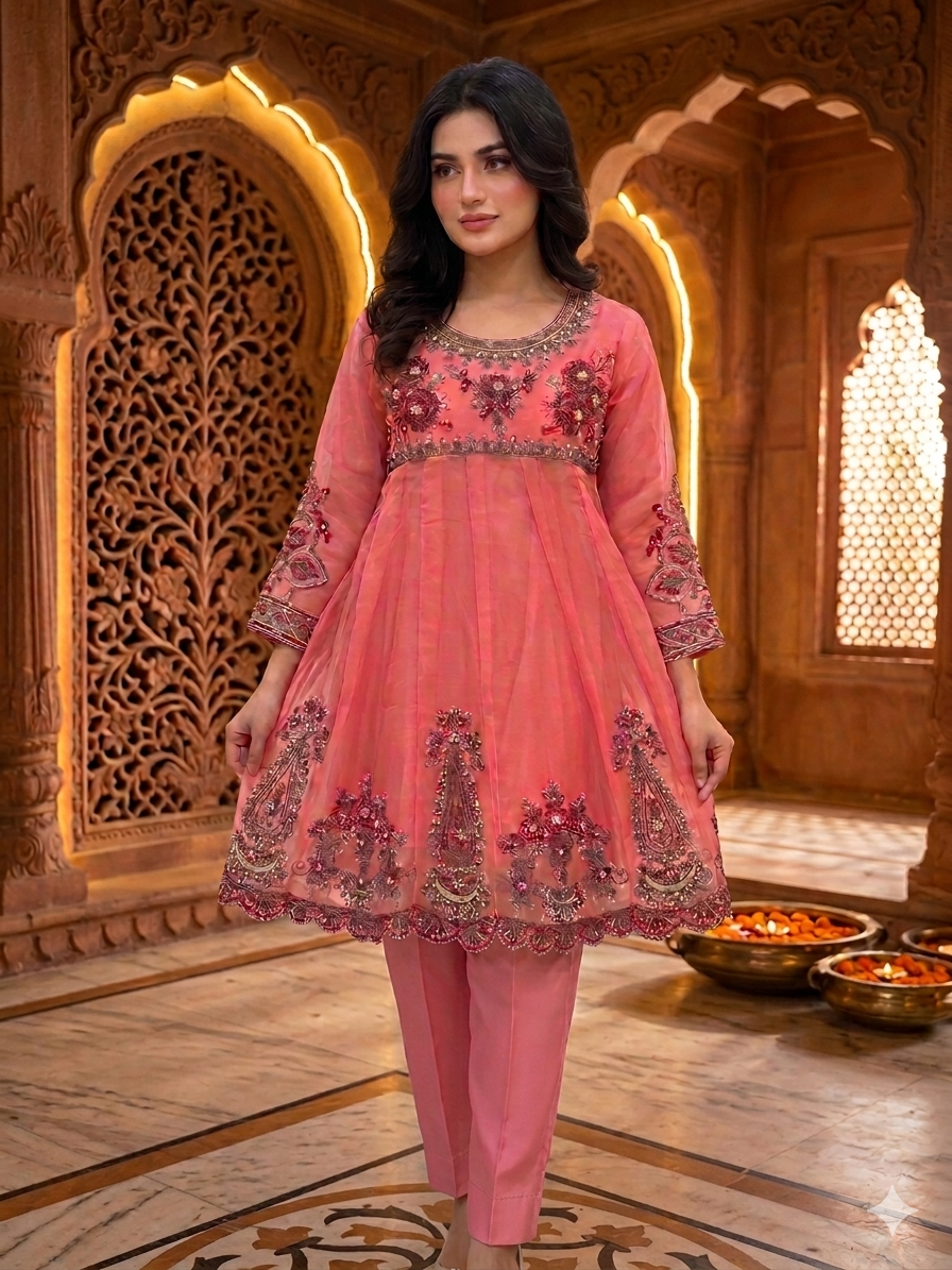 Lf072- 3pc Organza Embroidered Frock With Trouser And Organza Embroidered Dupatta