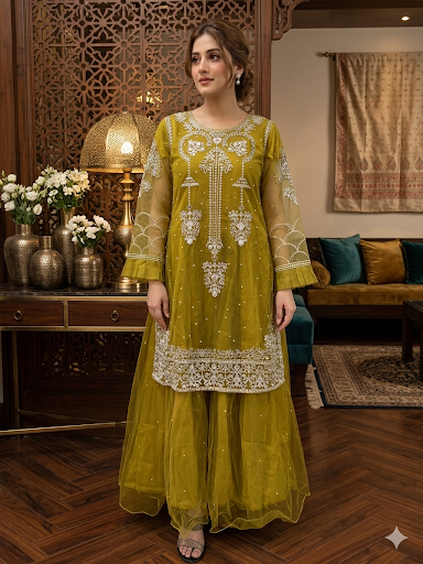 Lf057- 3pc Net Maxi With Upper Handmade Shirt And Net Dupatta