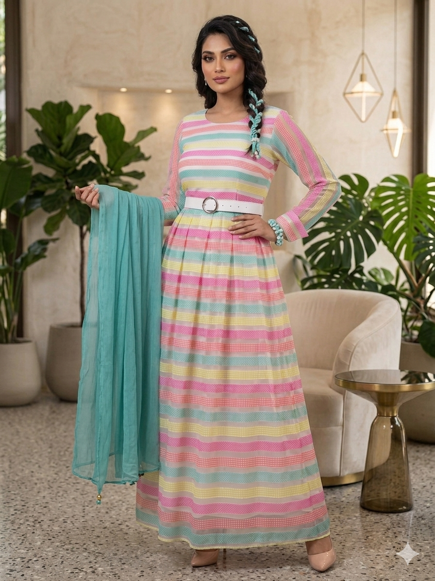 Lf069- 3pc Organza Printed Maxi With Belt And Shafoon Dupatta