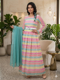 Lf069- 3pc Organza Printed Maxi With Belt And Shafoon Dupatta