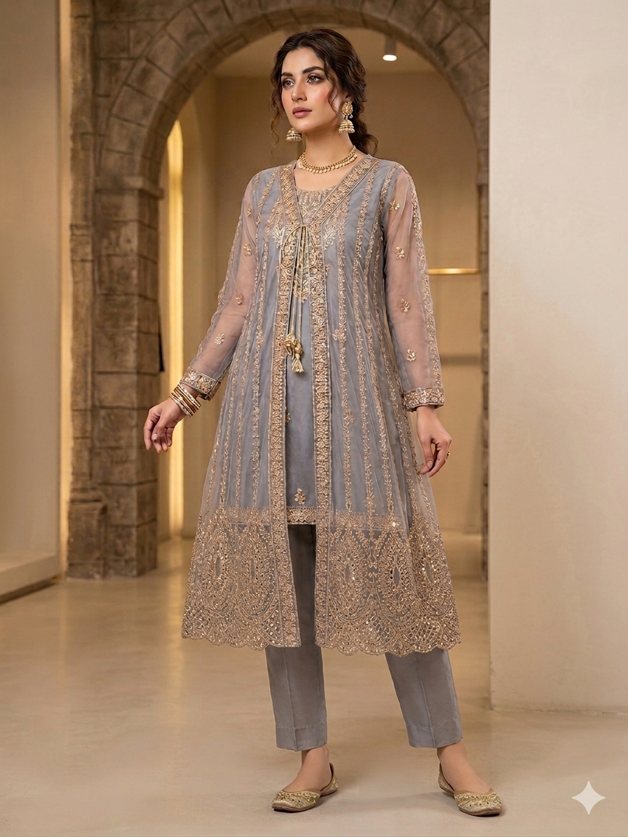 Lf085- 4pc Net Gown Style With Shirt And Trouser And Net Embroidered Dupatta