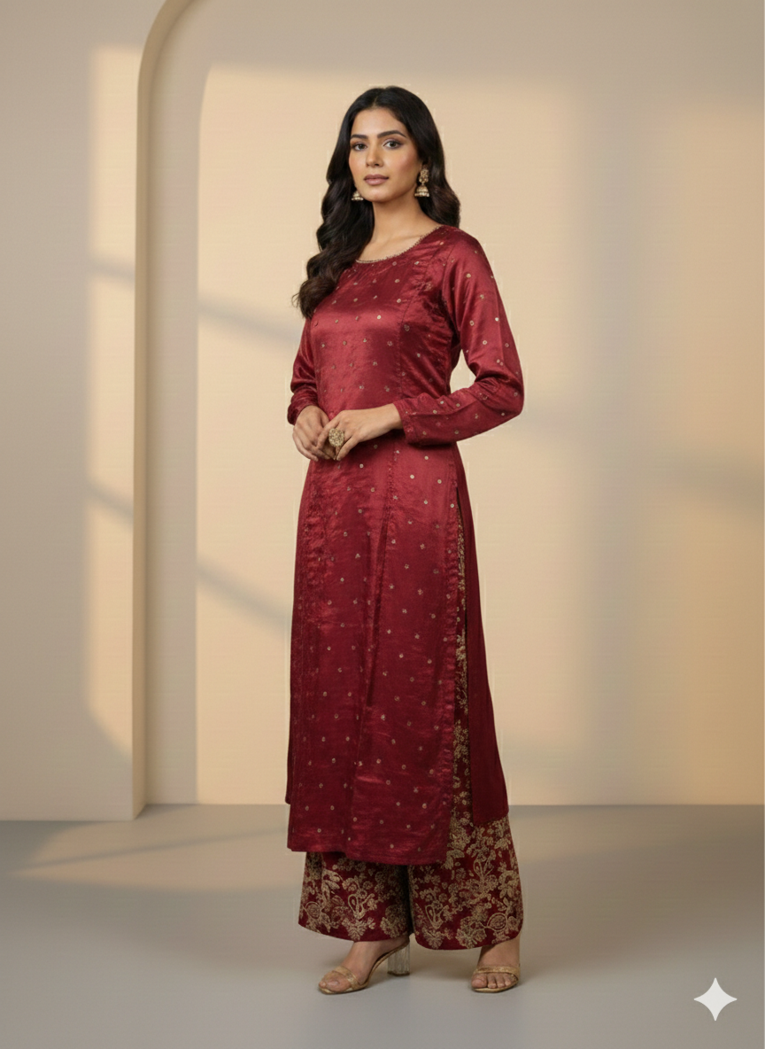 Lf016- 3pc Katan Silk Long Shirt With Straight Trouser And Organza Dupatta