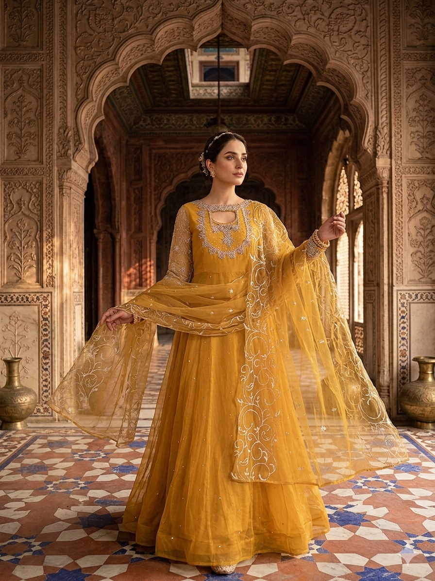 Lf068- 3pc Net Maxi With Separate Sleeves and Neckline With Trouser And Net Dupatta