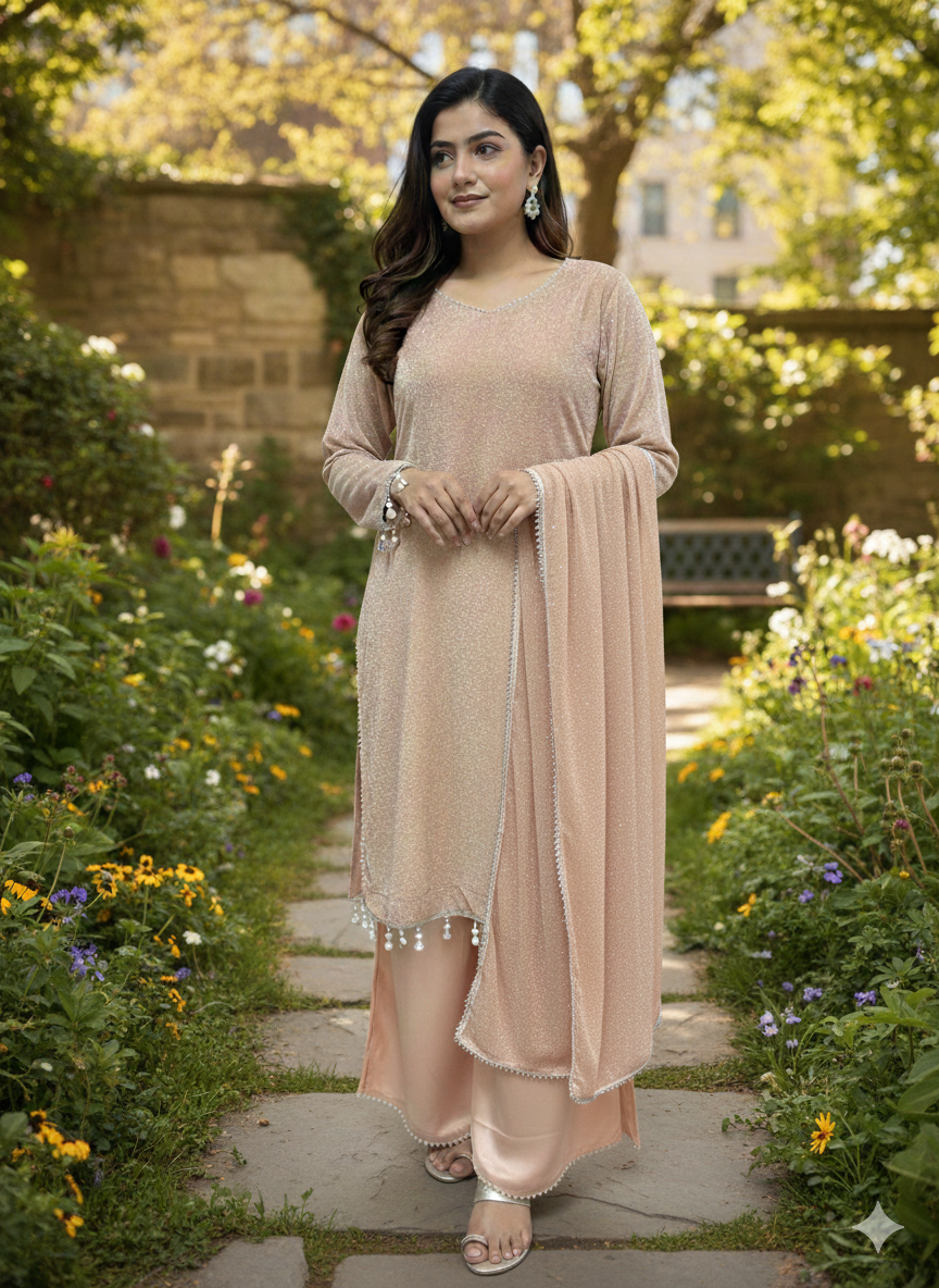 Lf005- 3pc Moonlight Shirt With katan Flapper And Moonlight Dupatta