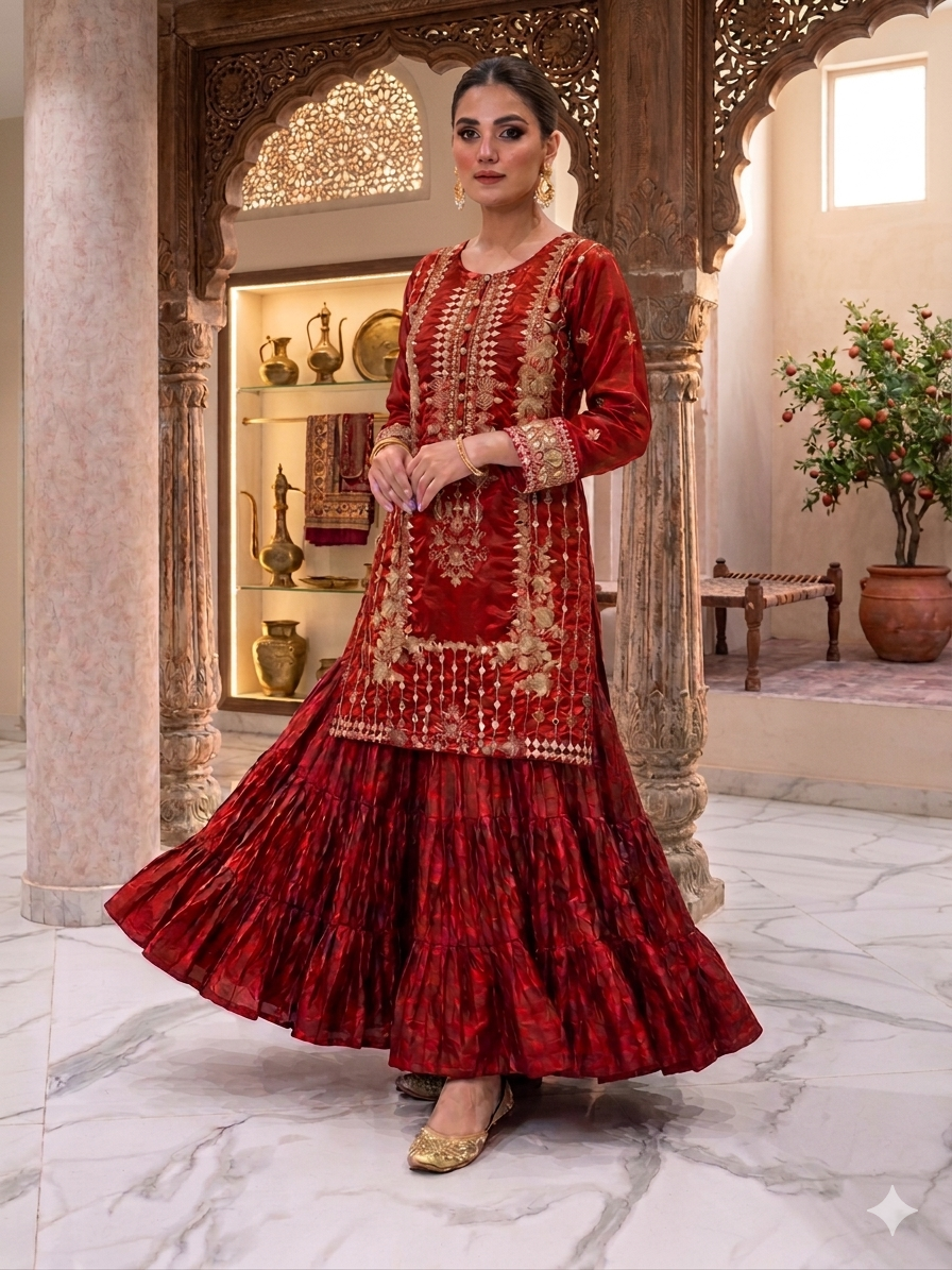 Lf065- 3pc Double Tone Silk Embroidered Shirt With Crush Sharara And Net Dupatta