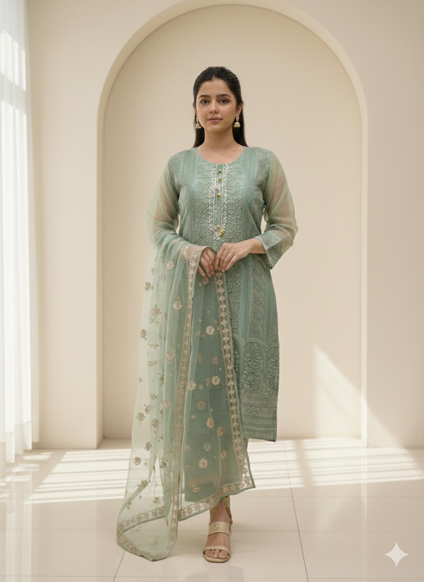 Lf022- 3pc Fancy Organza Shirt With Dupatta and Trouser