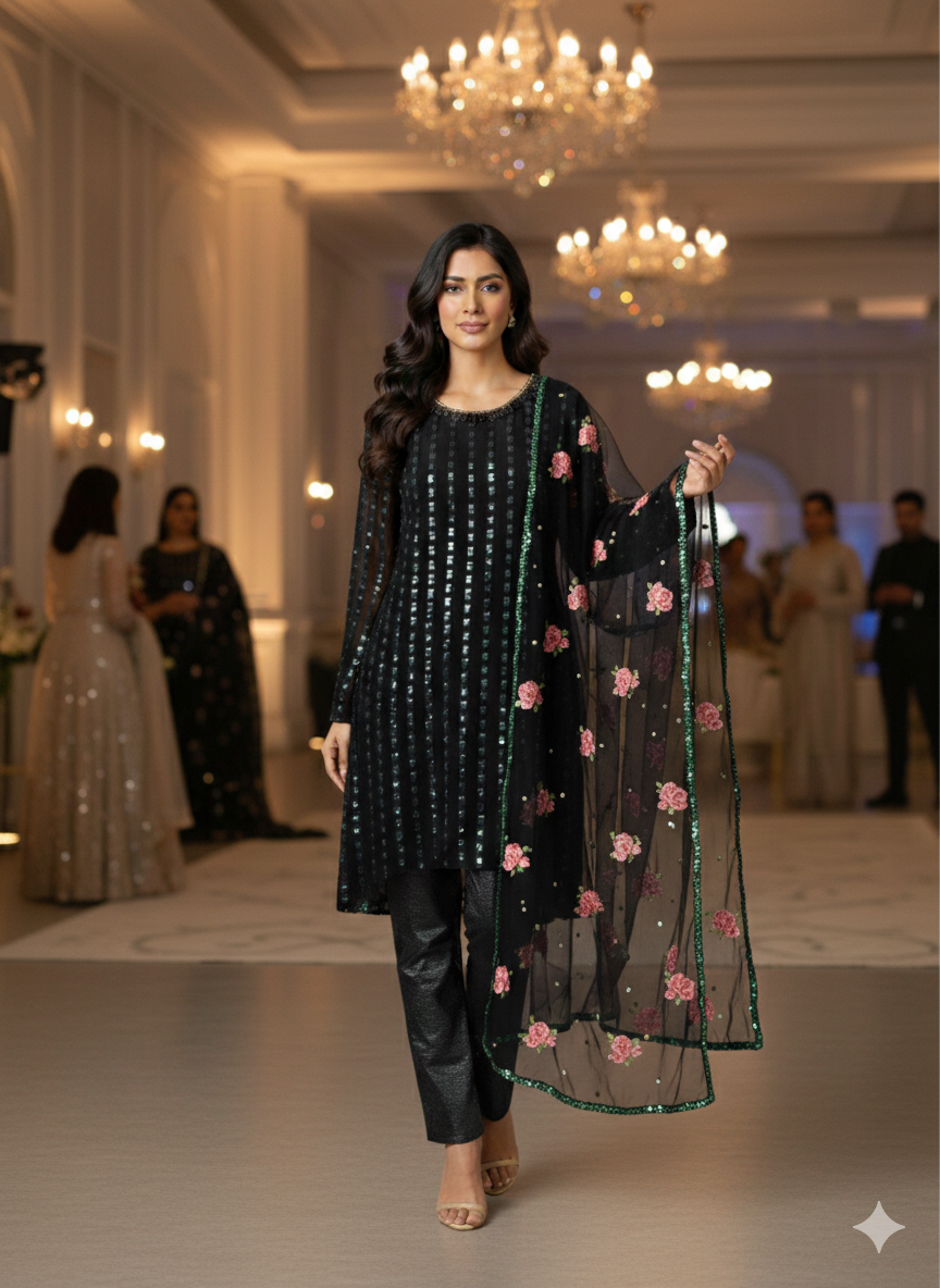 Lf001- 3pc Long Shafoon Shirt With Trouser And Shafoon Embroidered Dupatta