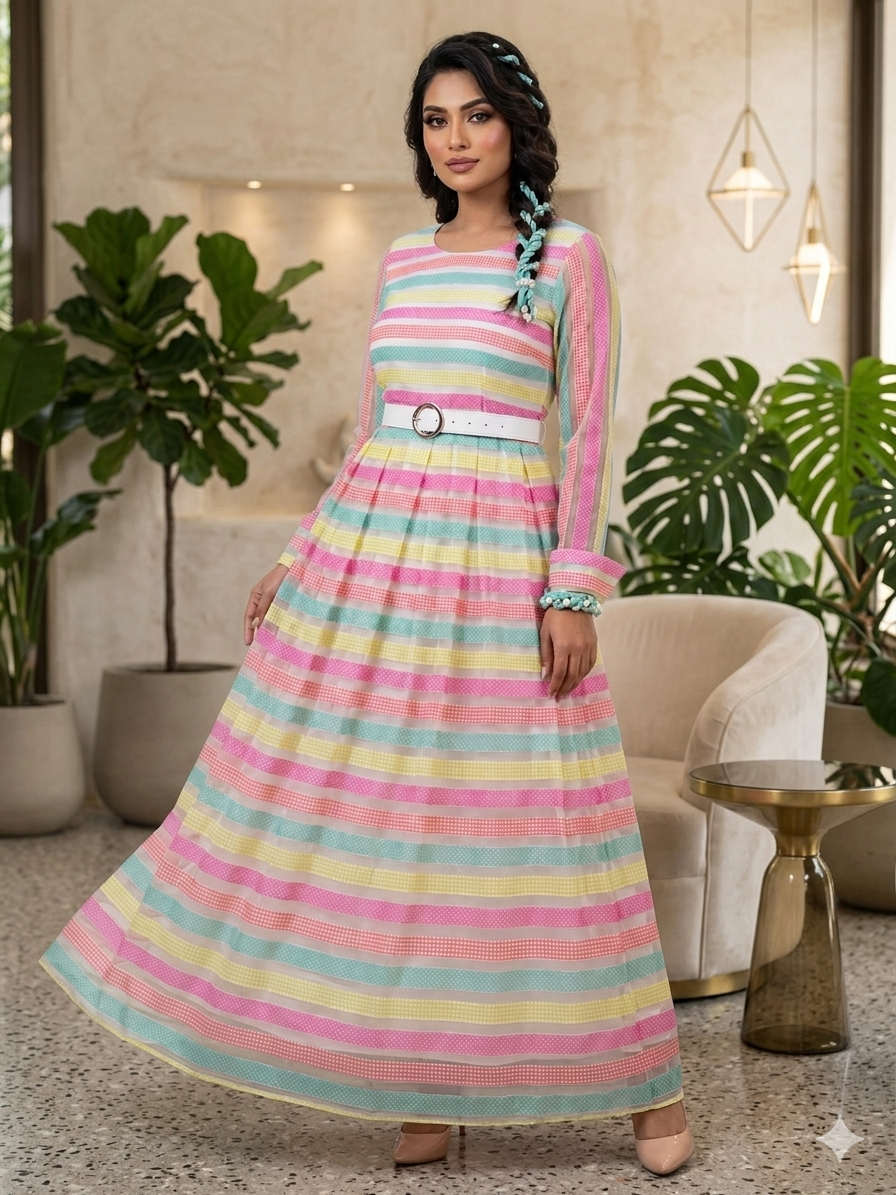 Lf069- 3pc Organza Printed Maxi With Belt And Shafoon Dupatta