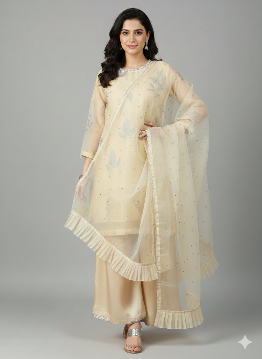 Lf007- 3pc Organza Fancy Shirt With Flapper And Organza Dupatta