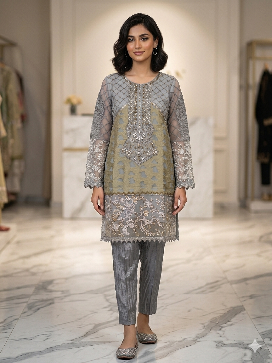 Lf039- 3pc Organza Embroidered Shirt With Trousers And Silk Dupatta