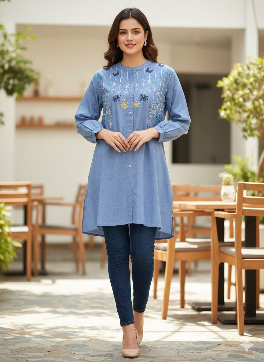 St041- Denim Floral Embroidered Top