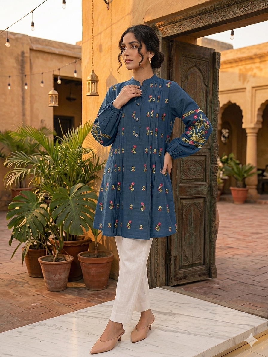 St125- Cotton Frill Random Embroidered Frock