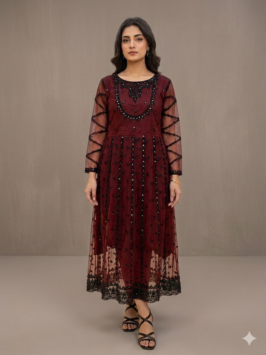 Lf076- 3pc Net Embroidered Maxi With Trouser And Net Embroidered Dupatta