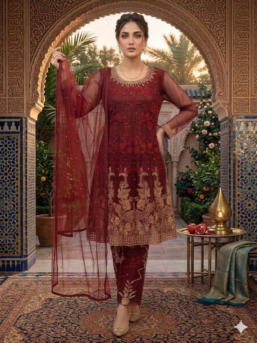 Lf064- 3pc Embroidered Frill Frock With Trouser And Net Dupatta