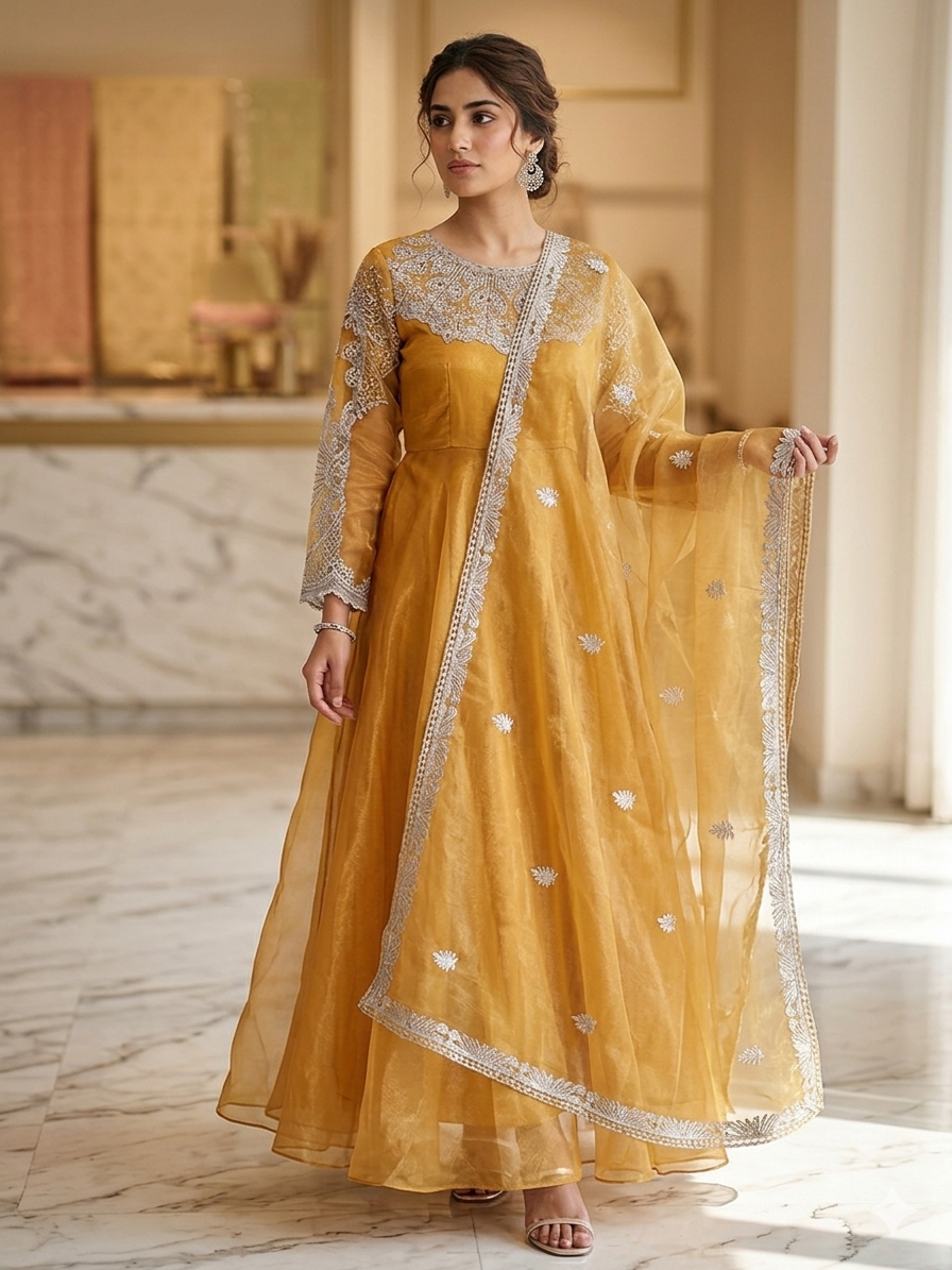 Lf067- 3pc Organza Maxi Neck Working With Trouser And Organza Working Dupatta