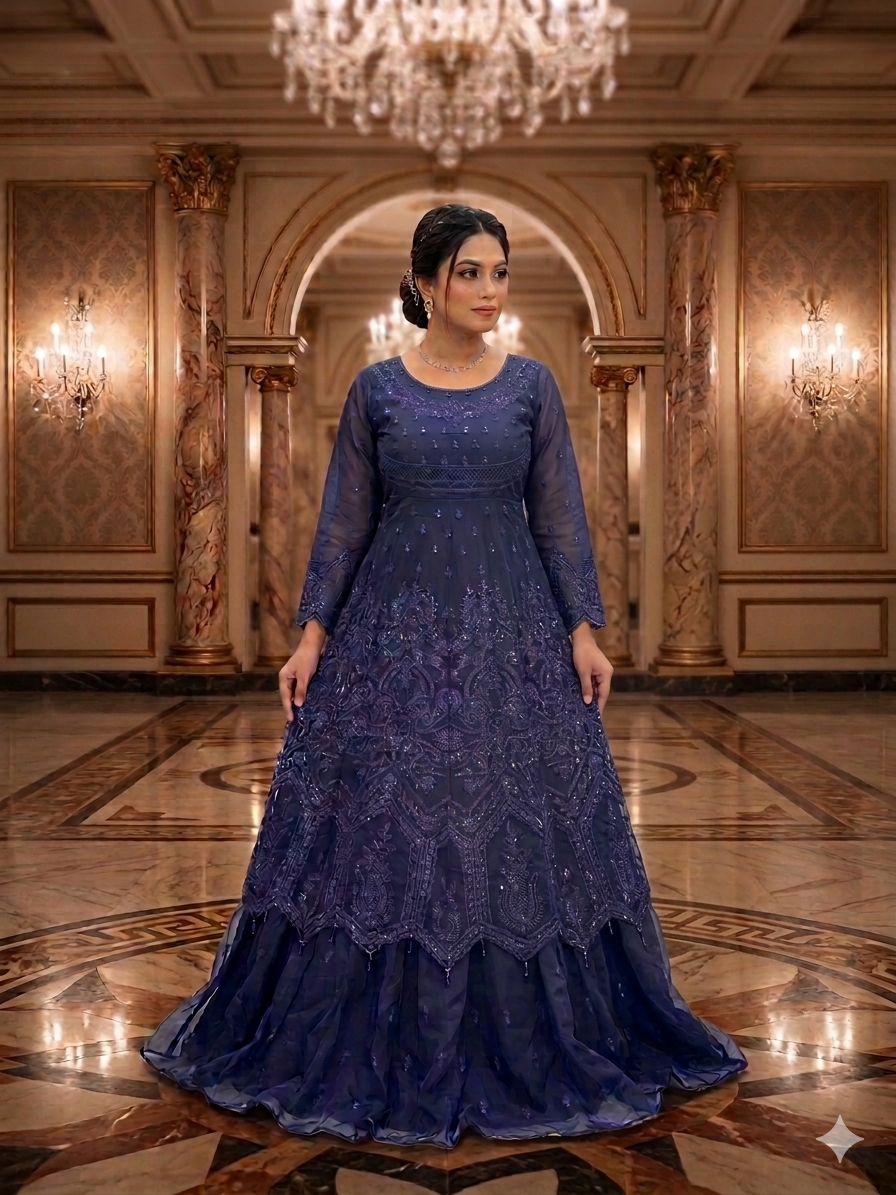 Lf061- Imported Barbie Style Embroidered Maxi With Trouser And Embroidered Dupatta