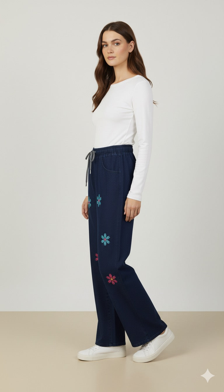 Flower Embroidered Baggy Jeans