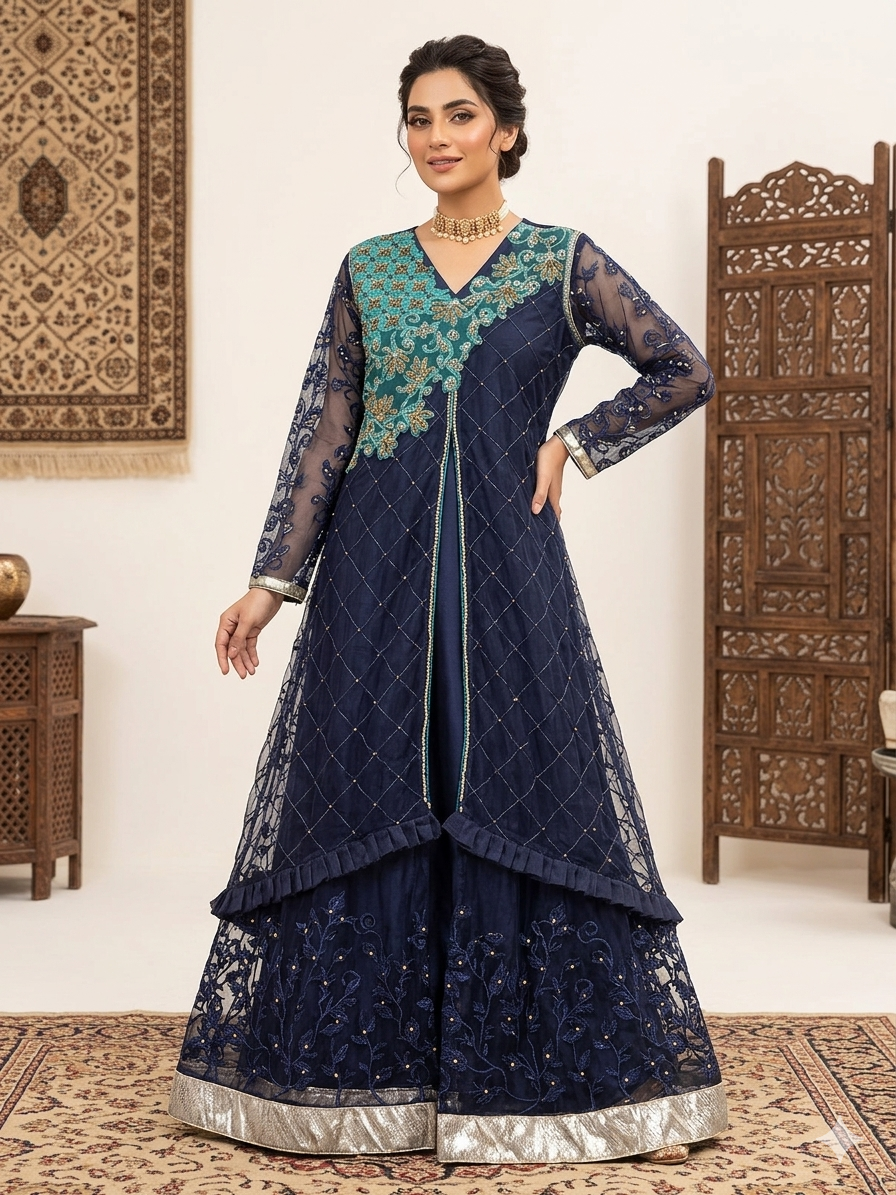 Lf071- 3pc Gown Style Embroidered Net Maxi With Trouser And Embroidered Net Dupatta