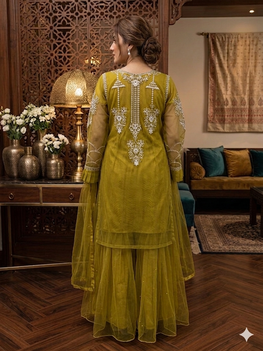 Lf057- 3pc Net Maxi With Upper Handmade Shirt And Net Dupatta