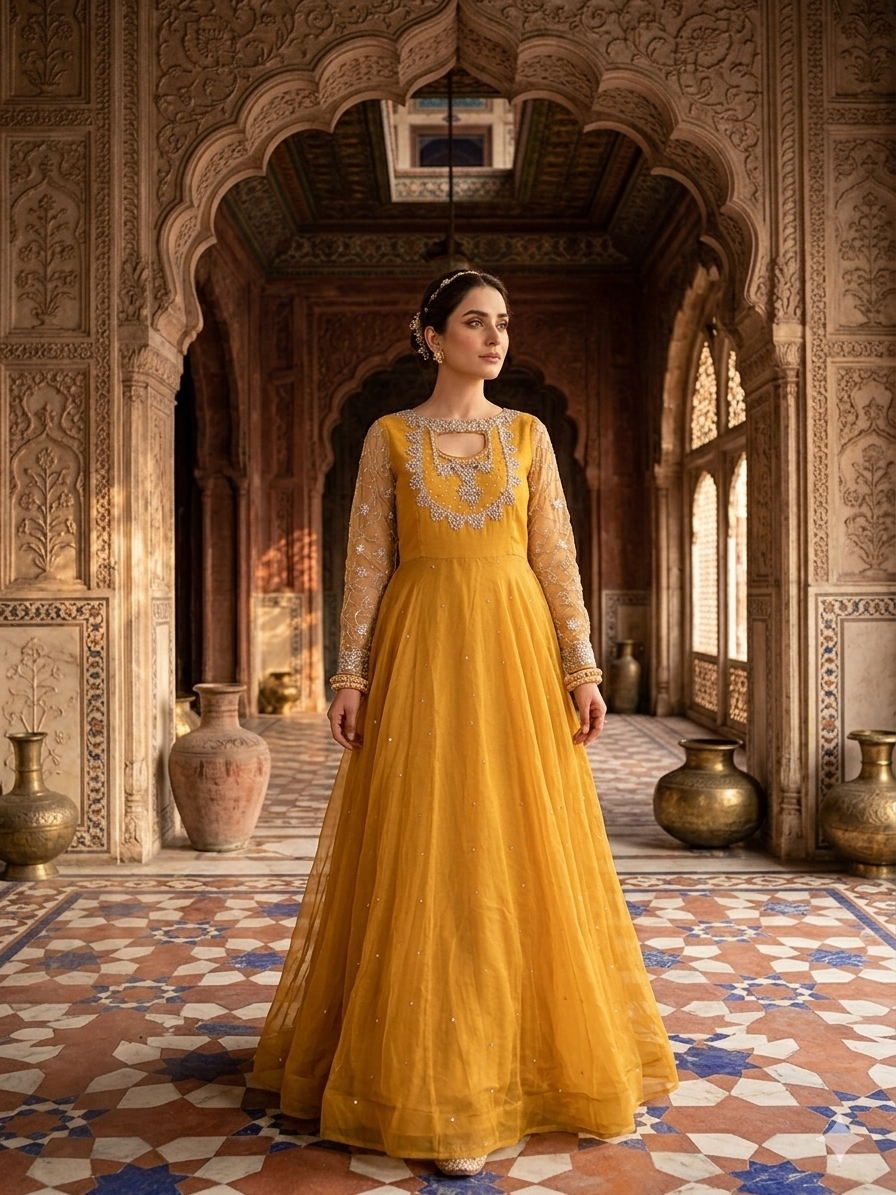 Lf068- 3pc Net Maxi With Separate Sleeves and Neckline With Trouser And Net Dupatta
