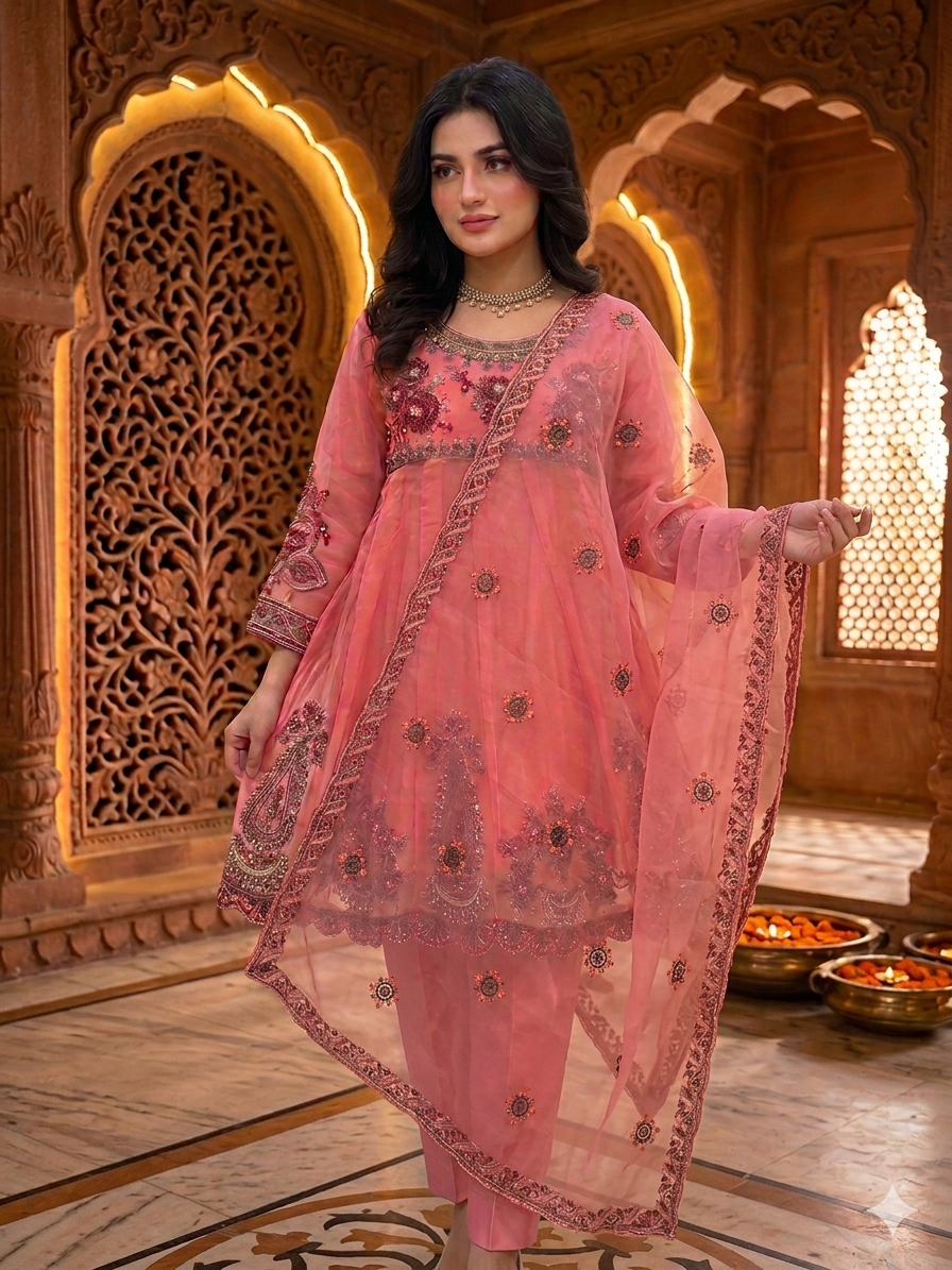 Lf072- 3pc Organza Embroidered Frock With Trouser And Organza Embroidered Dupatta