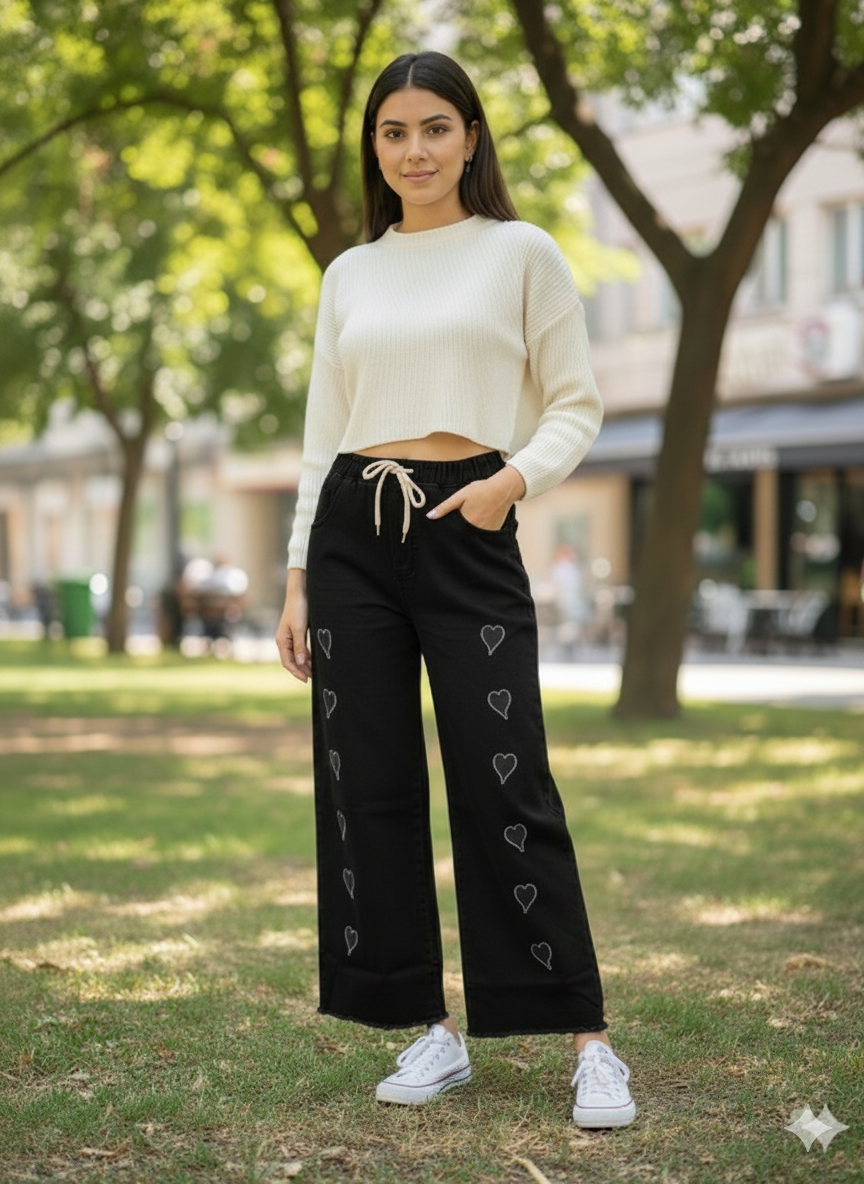 J011- Trending Heart Embroidered Baggy Jeans