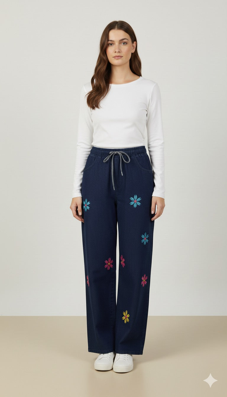 J004- Flower Embroidered Baggy Jeans