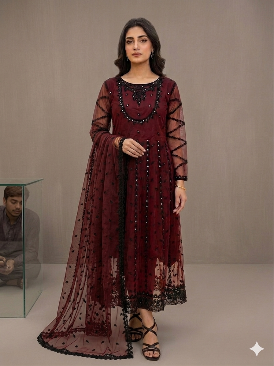 Lf076- 3pc Net Embroidered Maxi With Trouser And Net Embroidered Dupatta