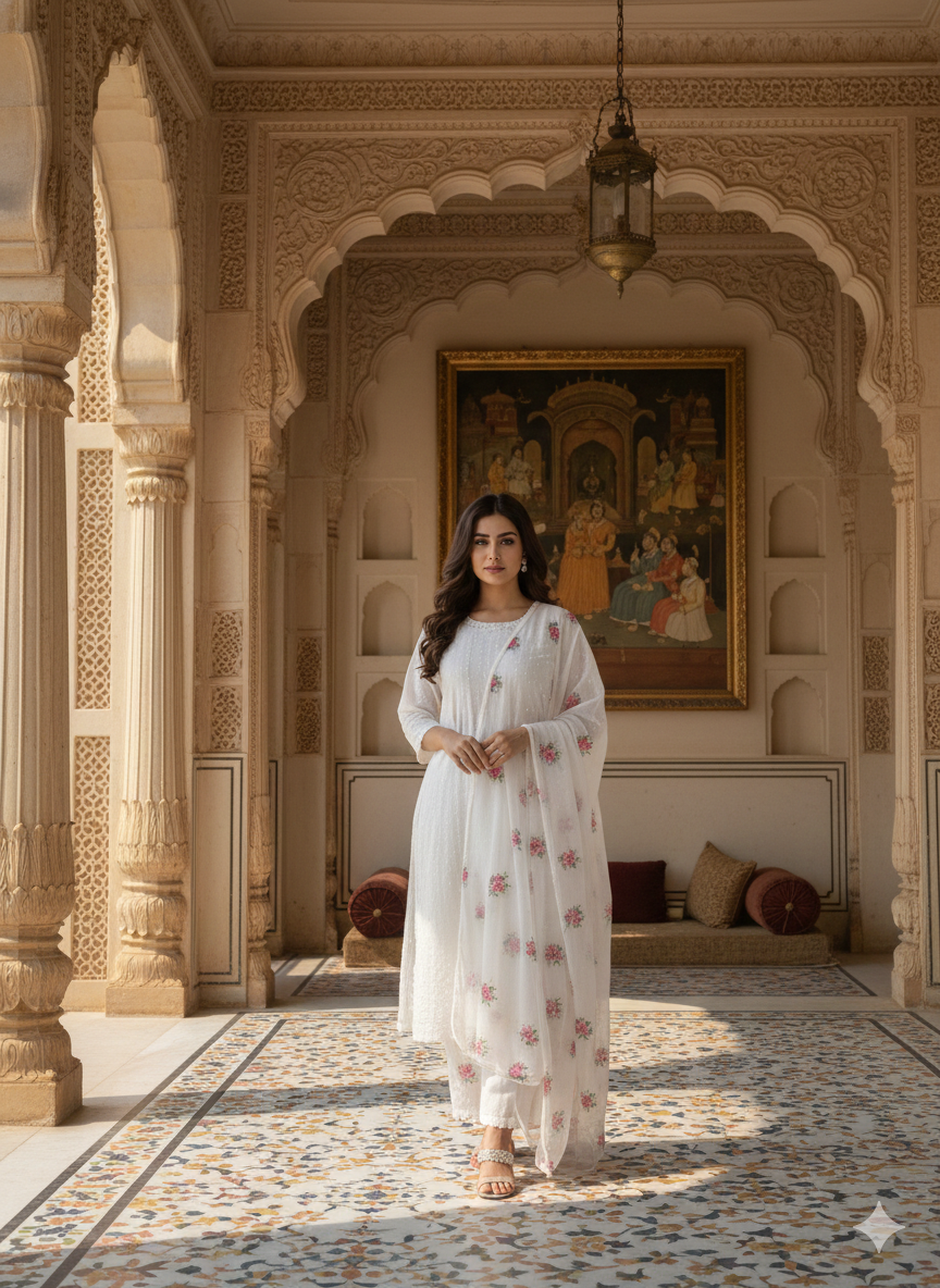 Lf001- 3pc Long Shafoon Shirt With Trouser And Shafoon Embroidered Dupatta