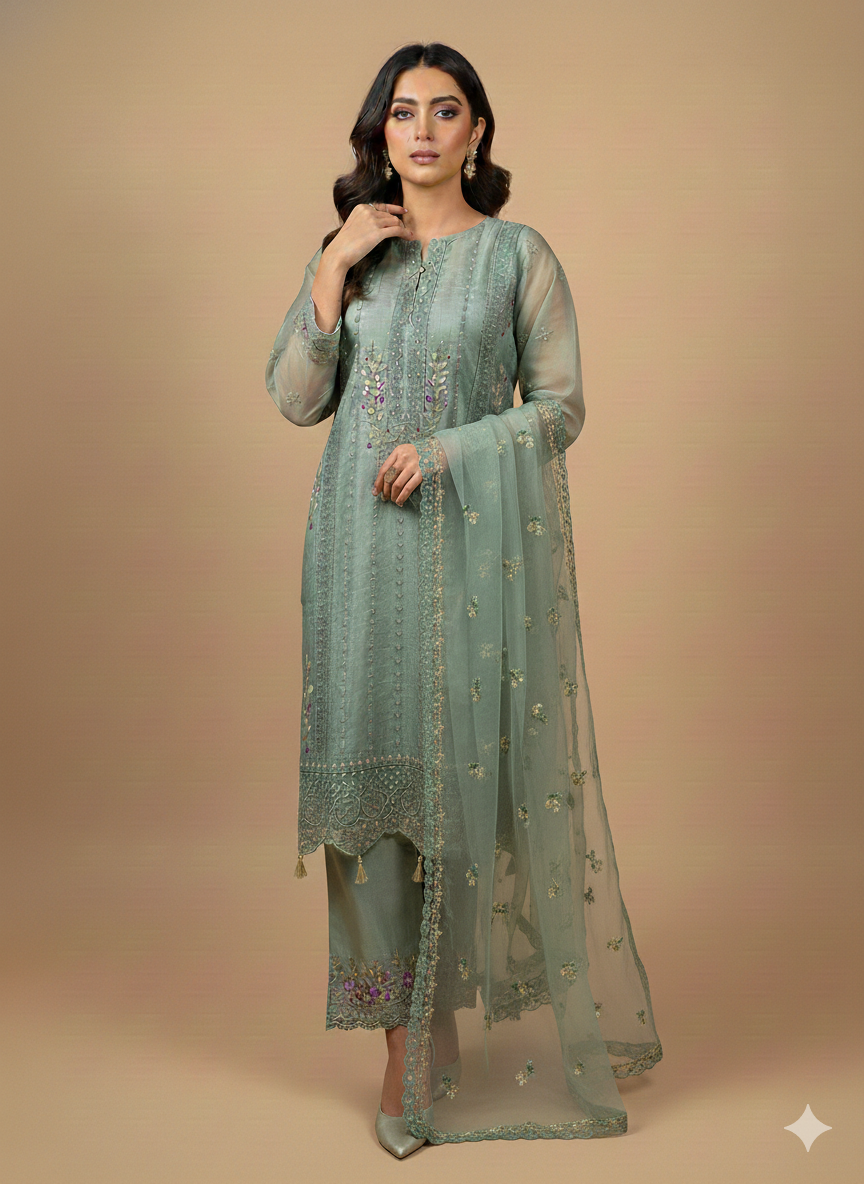 Lf024- 3pc Organza Embroidered Shirt With Trouser And Dupatta